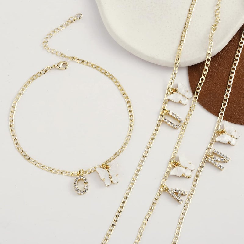 VIROMY 14K Gold Plated Dainty Butterfly Initial Ankle Bracelets Handmade Cuban Chain White Butterfly A-Z Alphabet Letter Initial Anklets Personalized Summer Beach Jewelry Gifts for Women - Image 4
